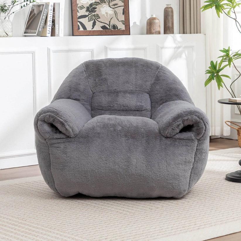 Comfy bean bag chair with back support in plush gray fabric