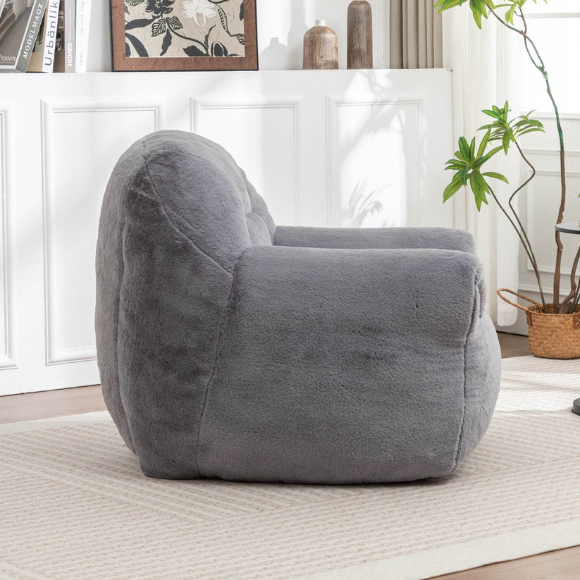 Gray bean bag chair with ergonomic back support – rear view