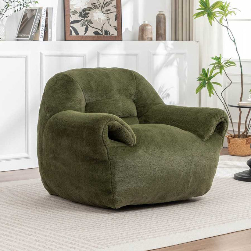 Faux fur bean bag chair olive green angled front view