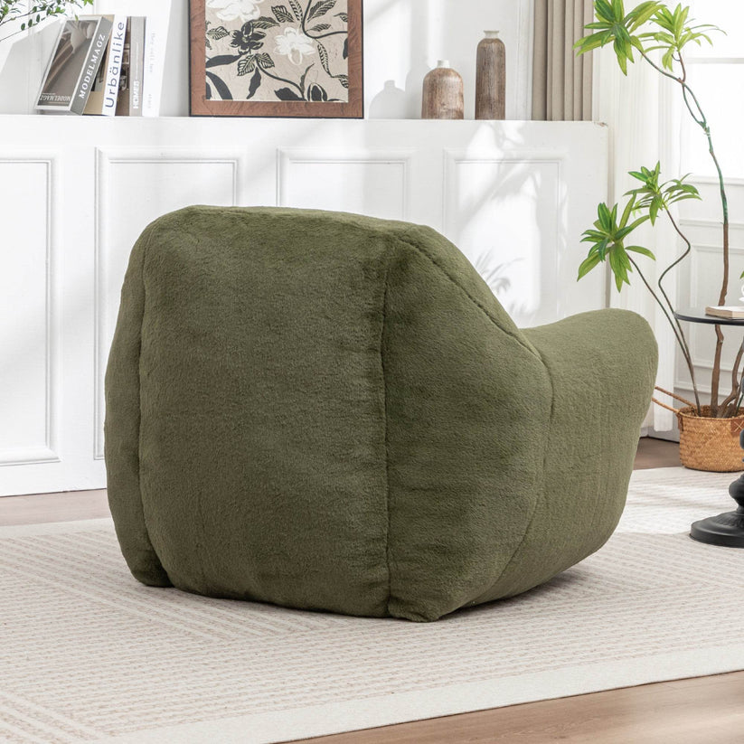 Back view of faux fur bean bag chair in olive green color